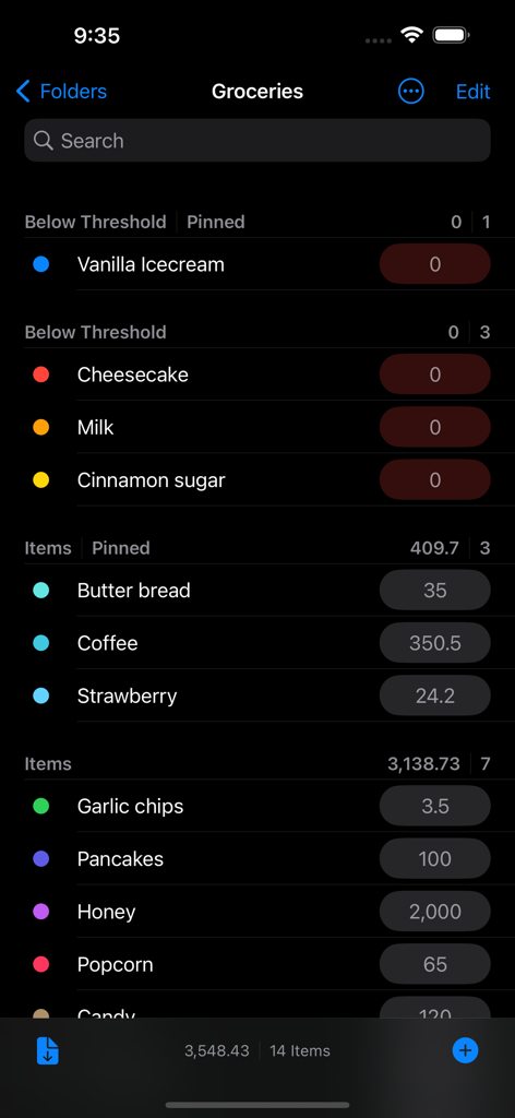 Stock List - Inventory Control - Interfaz de la aplicación Stock List que muestra una lista de inventario de comestibles categorizada en modo oscuro.