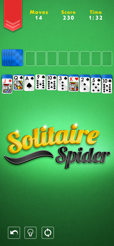 Spider Solitaire - Game - Interfaz del juego de cartas Spider Solitaire con fondo verde y estadísticas de juego.