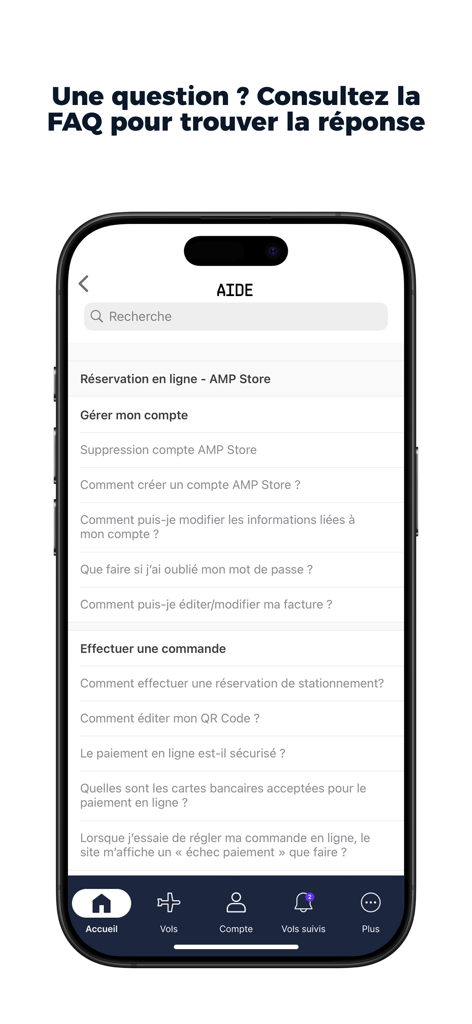 Aéroport MP - Schermata Aiuto e FAQ dell'app mobile dell'Aeroporto di Marsiglia Provenza