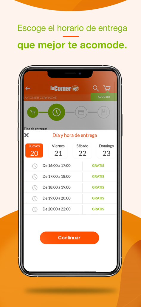 La Comer - La Comer mobile app screen for selecting grocery delivery day and time