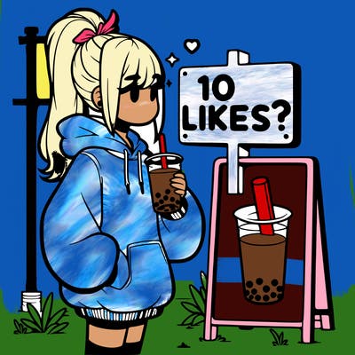 girl with oversized hoodie drinking boba and she has a high ponytail with a sign that says 10likes?