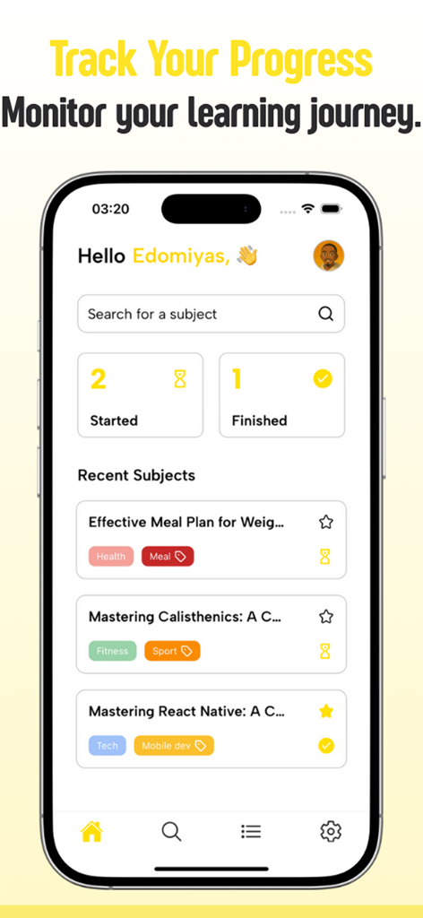 El panel de la aplicación Sourcify que muestra el seguimiento del progreso de aprendizaje y materias recientes con categorías