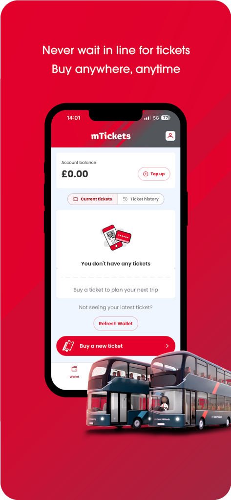 NX Bus mTicket app interface showing the account balance and an option to buy a new ticket with an illustration of double decker buses