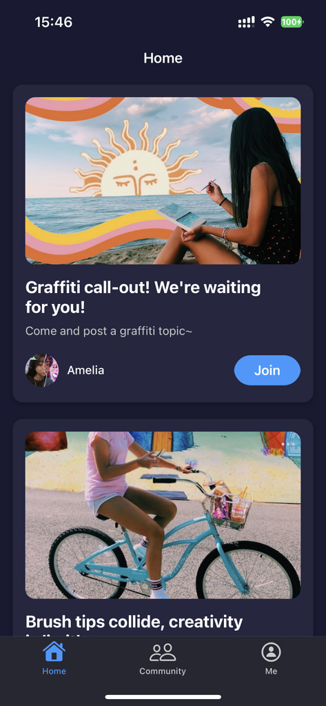 Home screen of the Grif social app showing a community feed with graffiti themed photo topics and a join button