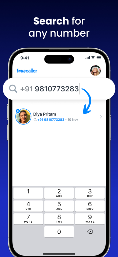 Interfaccia dell'app Truecaller su smartphone che mostra la ricerca di un numero di telefono che identifica un contatto