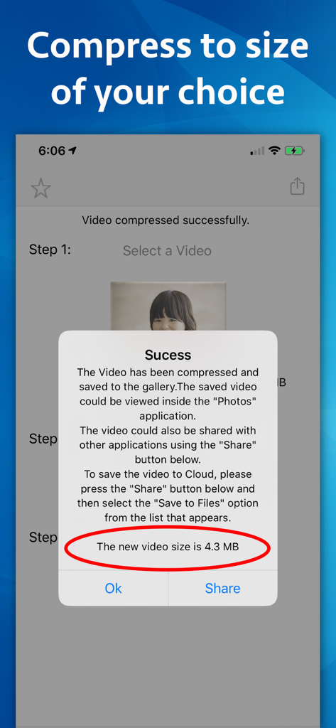Success popup in the Video Size Compressor app confirming a compressed video size of 4.3 MB