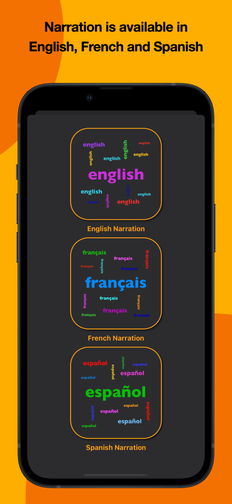 Kids Tell Time! - Mobile screen showing language narration options for English French and Spanish in the Kids Tell Time educational app