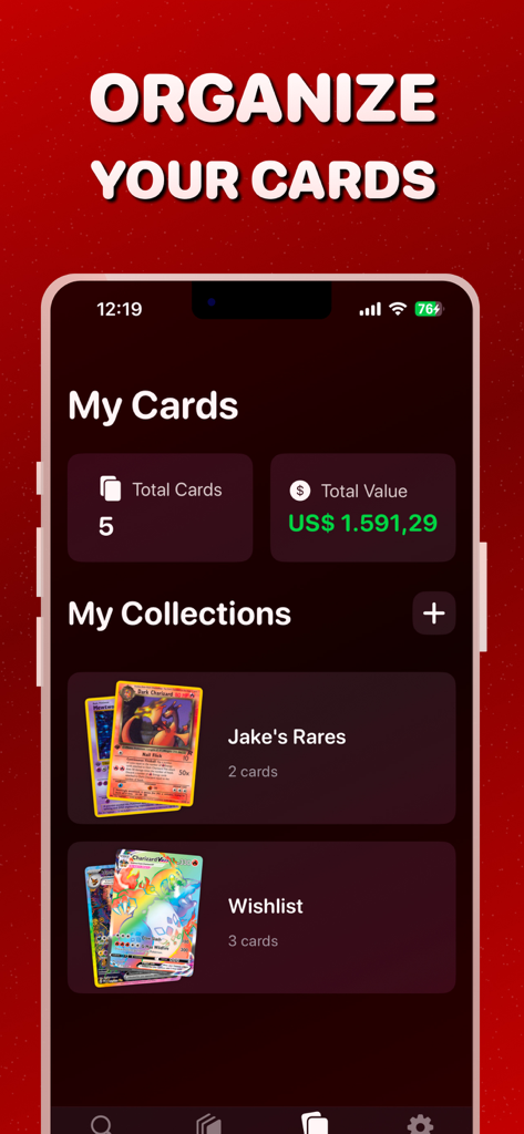 TCGScan: Card Value Scanner - Pantalla de la aplicación TCGScan mostrando la organización de la colección de cartas coleccionables y el valor total del portafolio