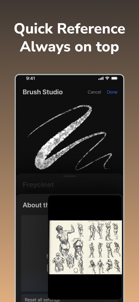 Pip Up: Persist/Float Post-It - A floating window displaying reference sketches over a drawing app for easy multitasking on an iPhone