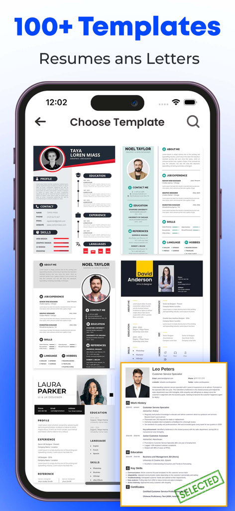 Une variété de modèles de CV professionnels et modernes affichés sur un écran mobile.