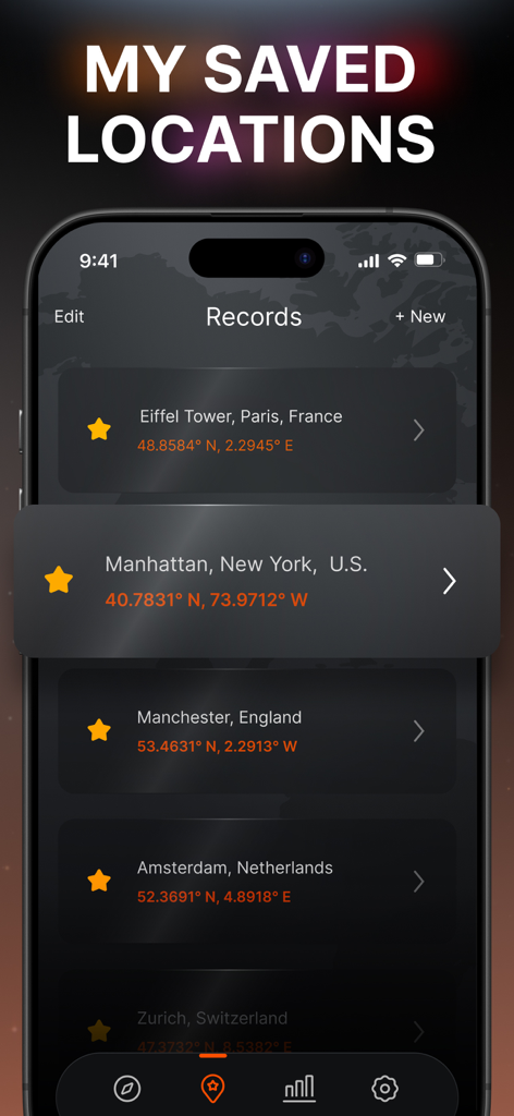 Ubicaciones guardadas con coordenadas en la aplicación de navegación con brújula