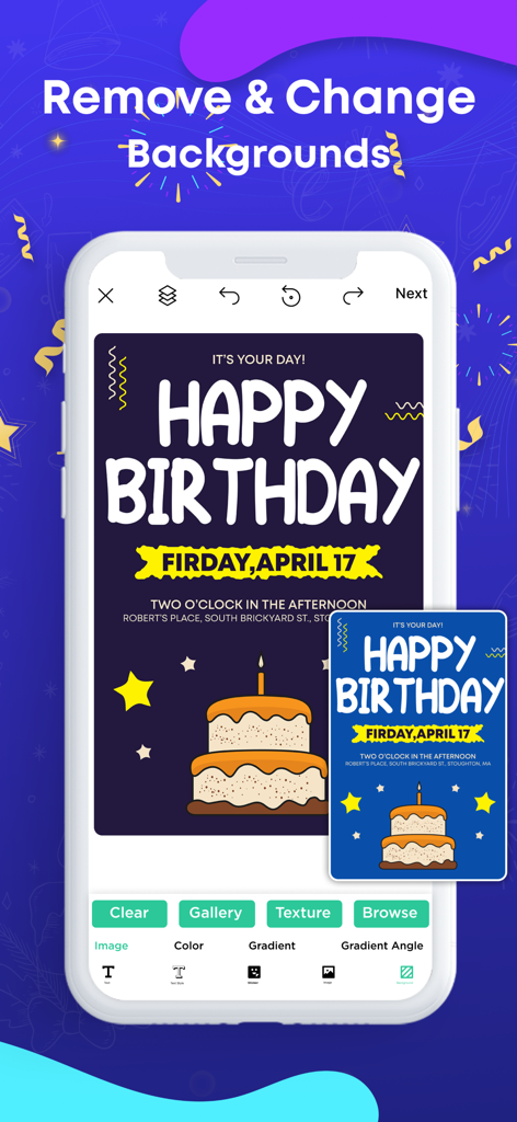 Flyer Maker · Poster Maker - Interfaz de una aplicación móvil mostrando la eliminación y personalización de fondos en una plantilla de póster de cumpleaños