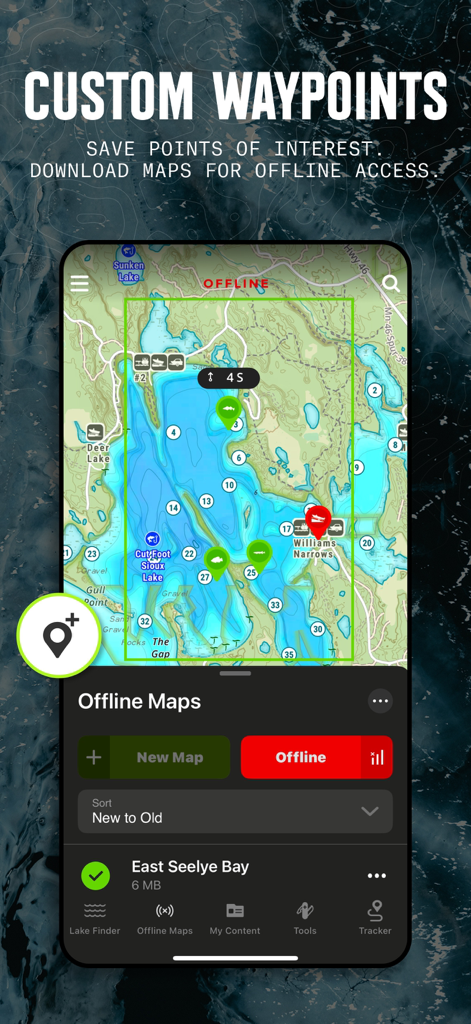 onX Fish: Midwest Lake Finder - onX Fish app interface showing custom waypoints and offline lake maps for fishing navigation