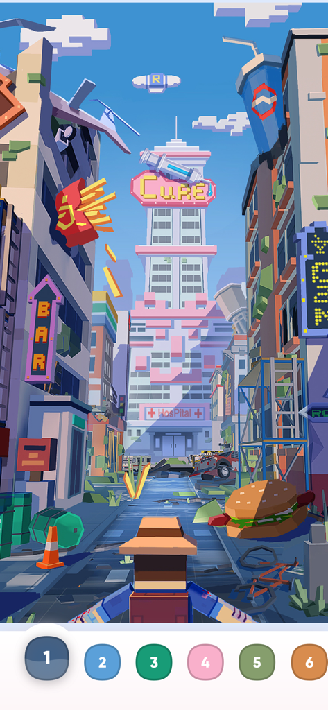 Eine pixelige Stadtlandschaft, die in der Color Time Malen-nach-Zahlen-App ausgemalt wird