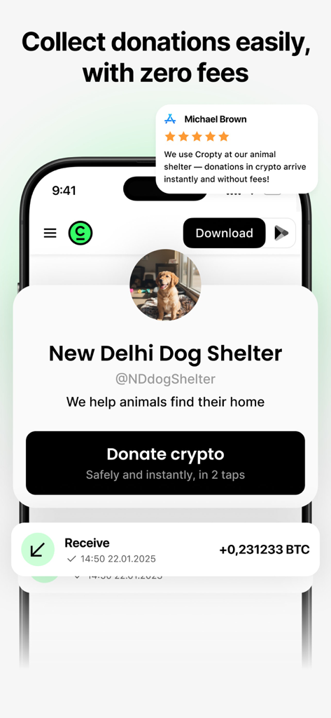 Cropty wallet – Bitcoin & USDT - Cropty wallet mobile app interface showing zero-fee crypto donations for a dog shelter and a Bitcoin transaction receipt.