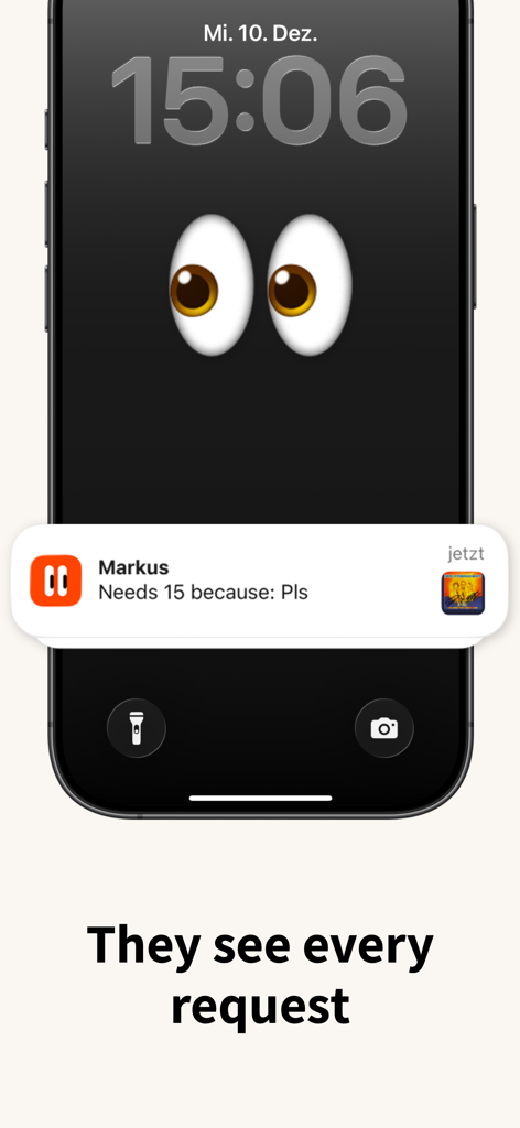 Useless - Screen Time Control - iPhone lock screen showing a screen time request from a friend with the caption They see every request