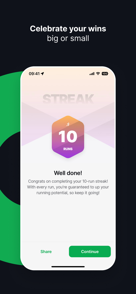 Joggo - Run Tracker & Coach - A digital medal in the Joggo app celebrating a ten run streak
