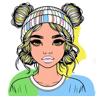 realistic girl with buns in her hair with a beanie on
