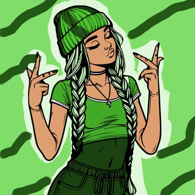 realistic teenage girl with braids and a beanie and crop top doing 🫶🏼