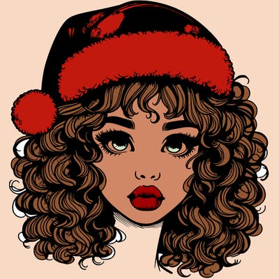 realistic girl with a santa hat curly hair and lips