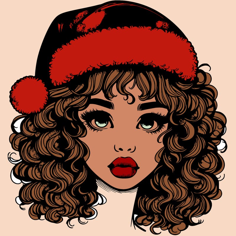 realistic girl with a santa hat curly hair and lips