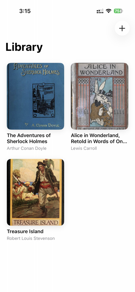 Bukai app library screen displaying classic book covers including Sherlock Holmes and Alice in Wonderland