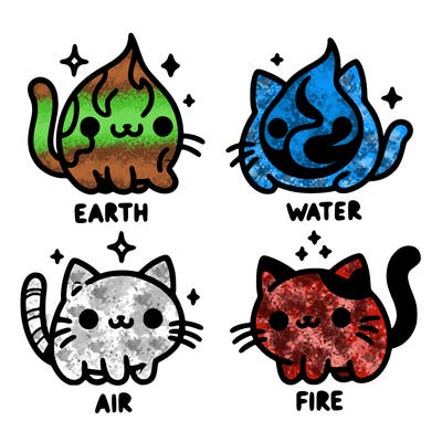 4 cats that represent the different elements, earth, water, air, and fire