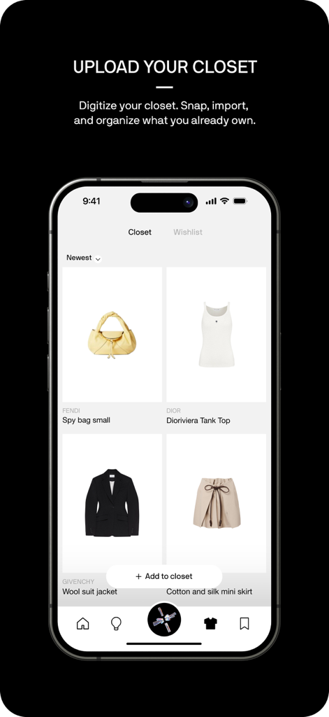 Alta Daily - Alta Daily app interface showing a digitized closet with luxury fashion items and an option to add more clothes