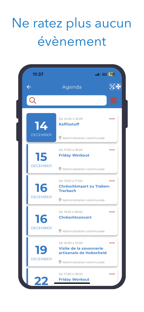 Pantalla de agenda de la aplicación móvil Habscht que muestra una lista de eventos comunitarios y horarios próximos