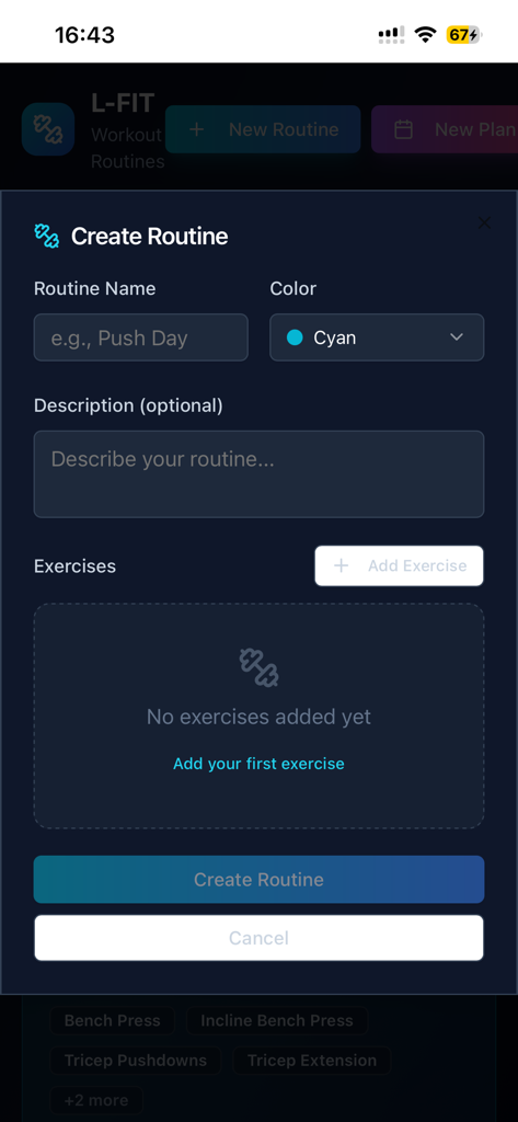 L-fit - L-fit app interface for creating a custom gym workout routine