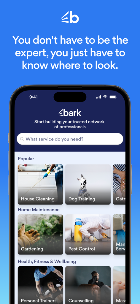Bark: Great pros, found fast - Barkアプリのホーム画面。住居メンテナンスと個人のウェルビーイングのためのサービスカテゴリを表示。