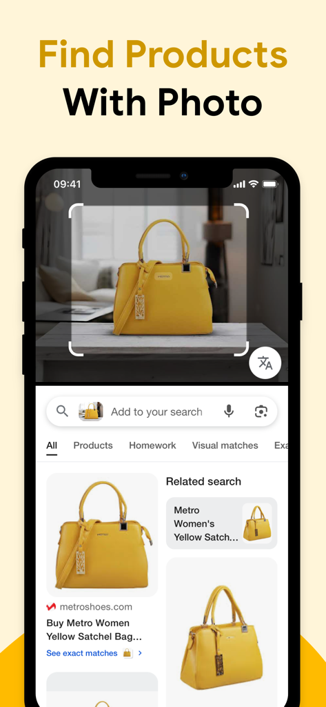 Lens: Reverse Image Search AI - Lens app interface showing a reverse image search for a yellow handbag to find product matches online