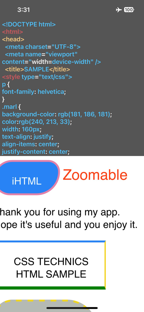 iHTML Compiler - iHTML Compiler app interface featuring a split-screen view with HTML and CSS code editing and a zoomable live preview.