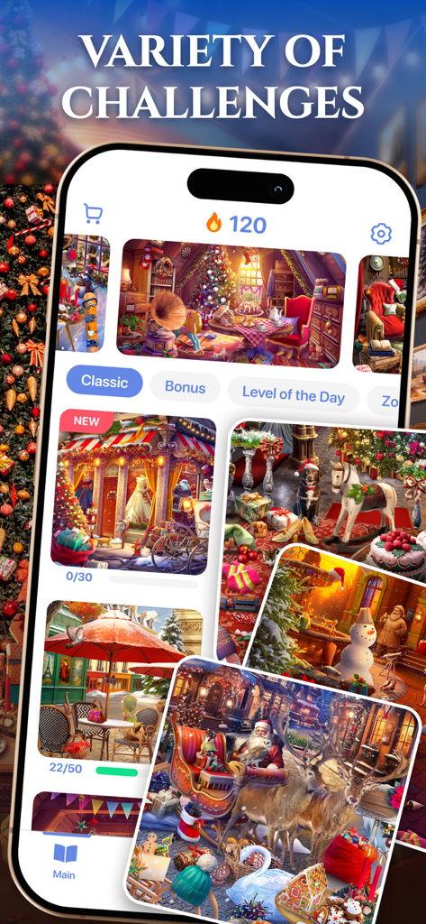 Bright Objects・Find the Hidden - Una variedad de niveles de rompecabezas de objetos ocultos con temática navideña en la aplicación móvil del juego Bright Objects.