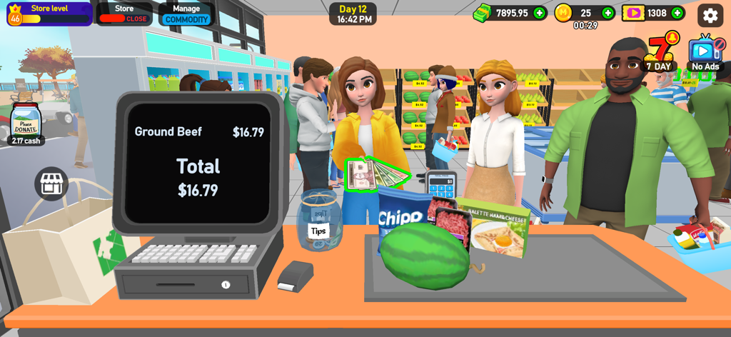 A customer pays for groceries at the checkout counter in Supermarket Tycoon 3D.