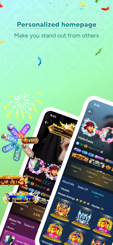 Sada Live - VIP 상태 레벨, 메달 및 장식 배지가 있는 맞춤 사용자 프로필을 보여주는 사다 라이브 앱 인터페이스