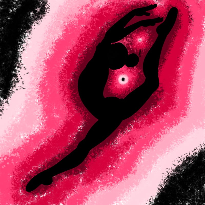 gymnast doing a leap in a leotard with a bent back leg