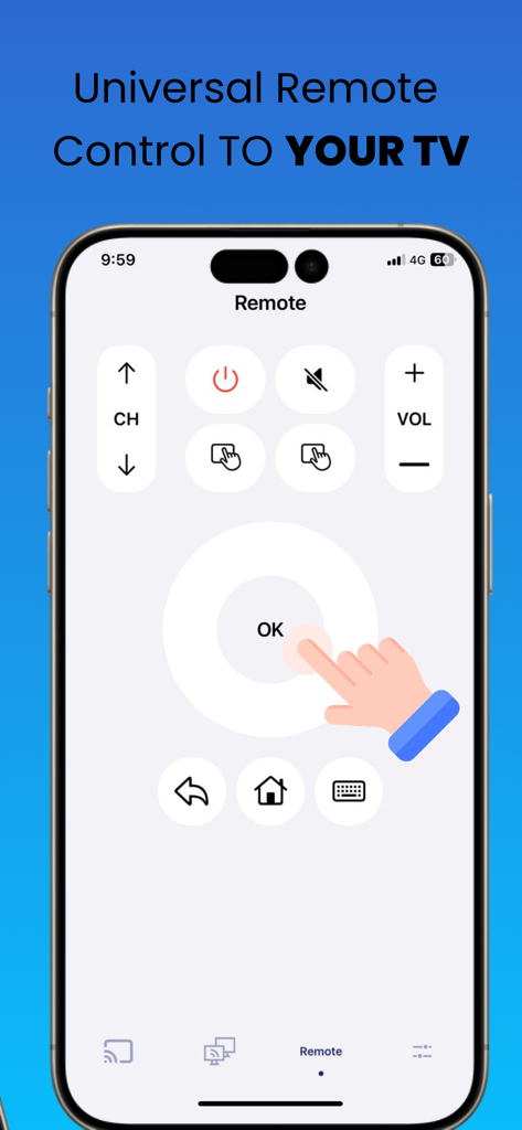 Interfaccia della funzione Universal Remote Control all'interno dell'app Screen Mirroring su un iPhone.