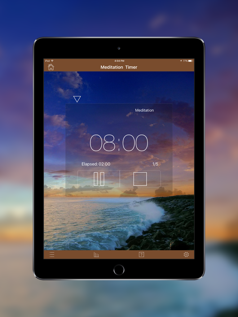 Meditation Timer Pro for iPad app showing a 08:00 countdown timer over a sunset beach background.