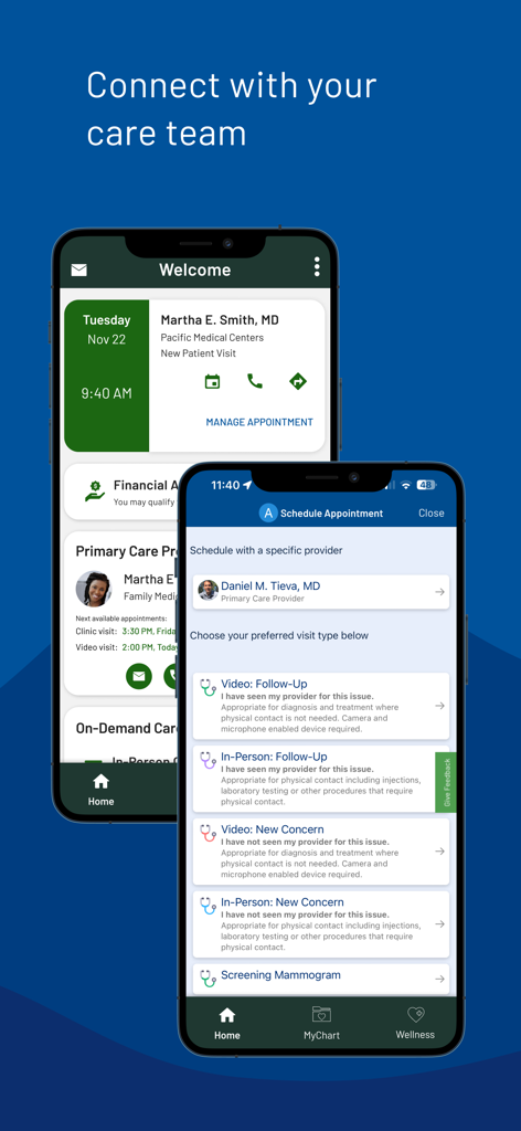 Providence - Two screens of the Providence app showing appointment booking options for video and in person visits and a care team management dashboard