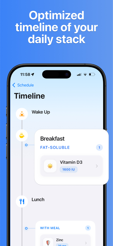 Optimized daily supplement stack timeline showing vitamins and meal times
