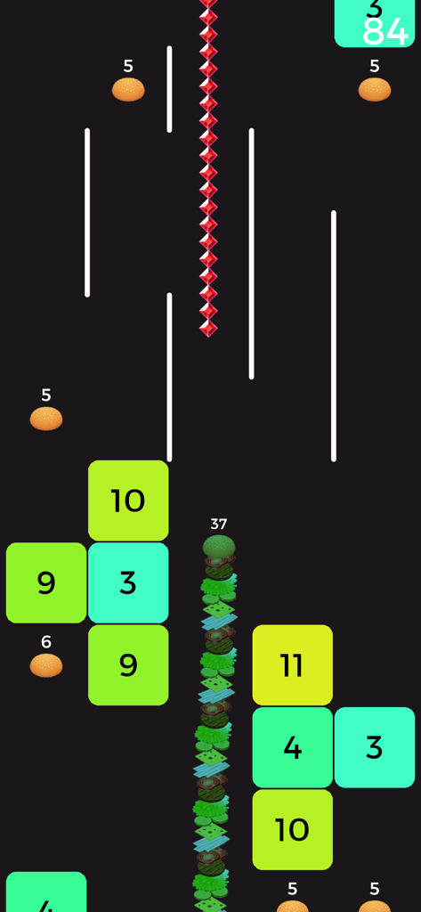 Snake VS Block - Pantalla del juego móvil Snake VS Block mostrando una serpiente navegando a través de bloques coloridos numerados.