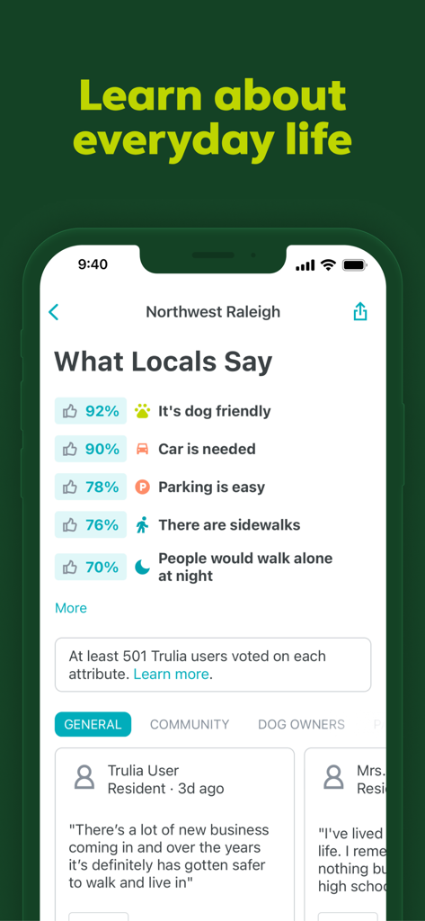 La interfaz de la aplicación Trulia Alquileres muestra perspectivas del barrio y reseñas de residentes bajo la función 'Lo que dicen los locales'.