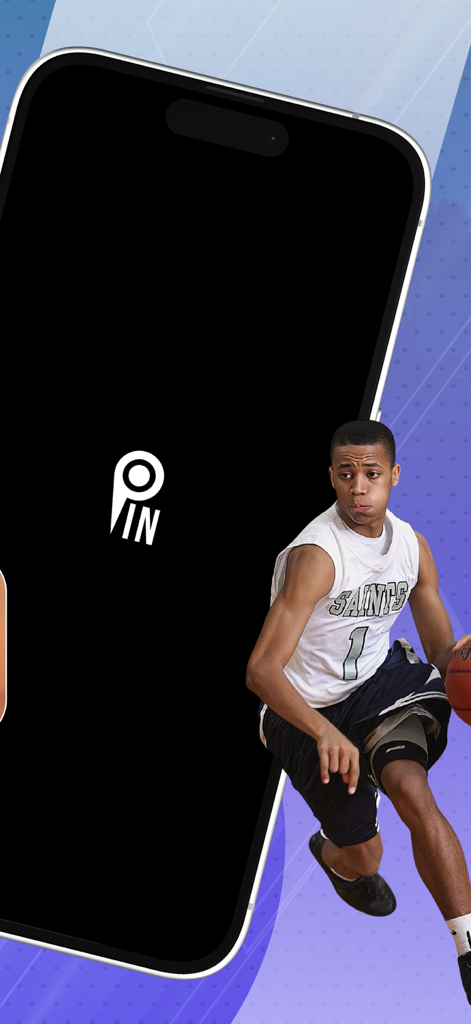 PIN Sport App logo on a smartphone next to an athlete dribbling a basketball