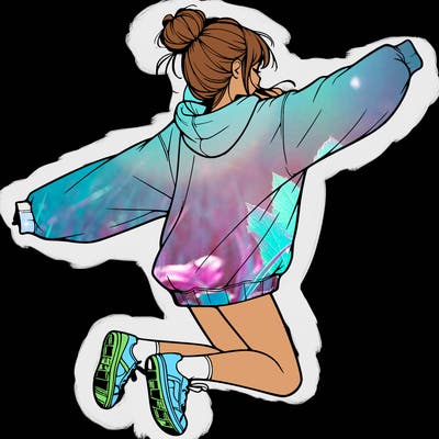 realistic girl jumping with a bun and oversized sweatshirt