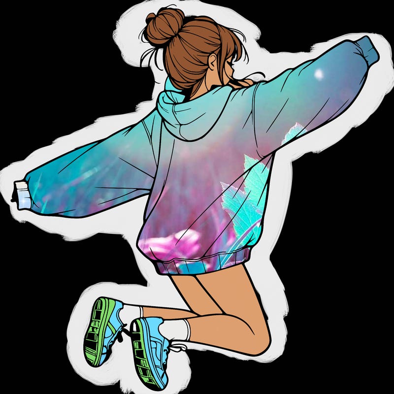 realistic girl jumping with a bun and oversized sweatshirt