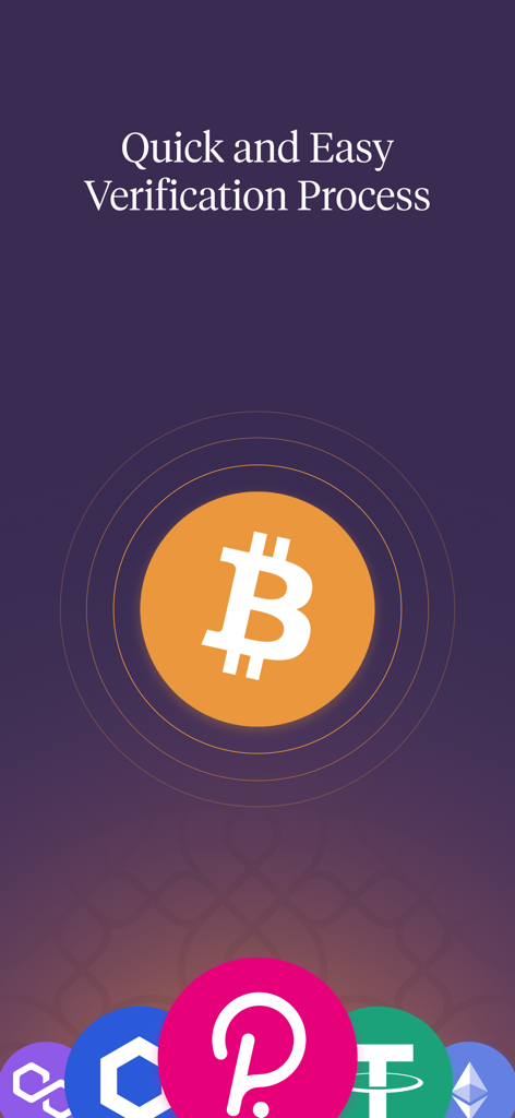 Rain app screen displaying the text Quick and Easy Verification Process featuring a Bitcoin logo and various cryptocurrency icons at the bottom.