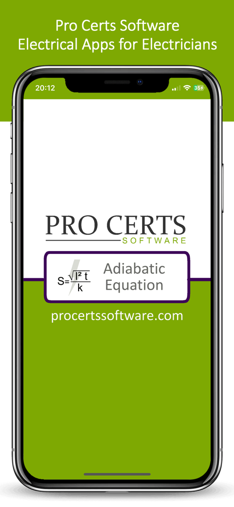 Splash screen of the Adiabatic Equation Calculator mobile app by Pro Certs Software featuring the electrical formula.