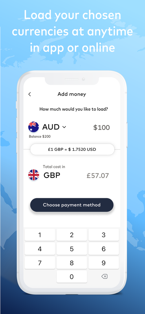 Cash Passport app interface for loading money in different currencies with real-time exchange rates