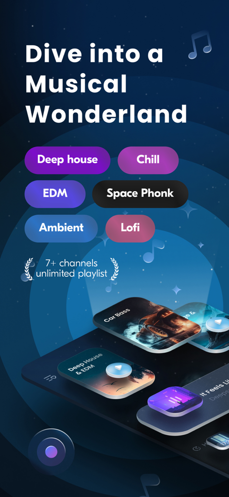 A screenshot of the Luna Deep app showing various music genre options including Deep House, Chill, EDM, Space Phonk, Ambient, and Lofi.